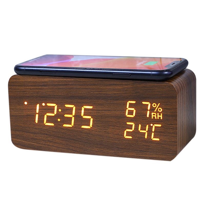 Digital Alarm Clock, Temperature And Humidity Alarm Clock LED Electronic Clock Smartphone Wireless Charger